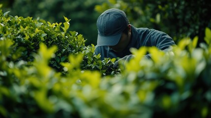 Landscaping worker trimming hedges in a freshly designed garden. Featuring neatness and nature