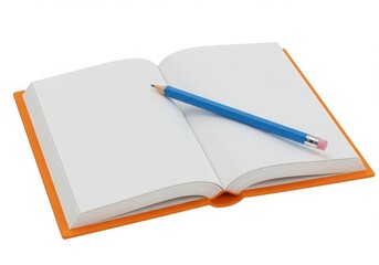 Open book with a pencil lying on it on white background