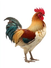 Fototapeta premium Standing Rooster with Colorful Feathers Isolated on White Background Studio Shot