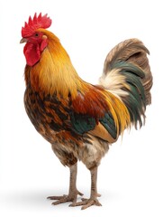 Fototapeta premium Standing Rooster Portrait with Colorful Plumage on White Background Studio Shot