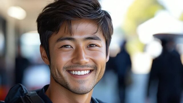 Radiant Smile: A portrait of a handsome, Asian man, illuminated by natural light, exudes warmth, and approachability, showcasing a captivating grin and captivating, relaxed expression.