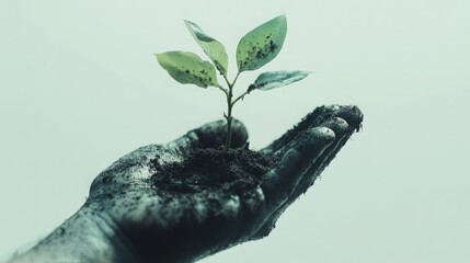 A tender hand protects a young plant with rich soil, its roots barely visible, signifying the delicate balance of nature and human care in this environmental concept photo.