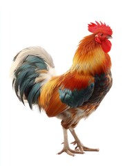 Fototapeta premium Standing Rooster with Vibrant Feathers Isolated on White Background for Stock