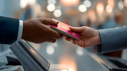 Business traveler handing passport to customs officer at airport, business travel, customs