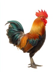 Fototapeta premium Standing Rooster with Colorful Plumage Isolated Against White Background