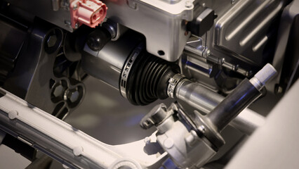 Car suspensions. Close up of a car suspension parts system such as CV joint Rubber boot and Control arms bushing Steering rack axles Shock absorber suspension Brake. Repair and spare parts for cars.
