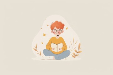 Happy young boy reading a book amidst autumn leaves and plants
