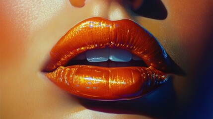 Close-up of woman's lips with glossy orange lipstick.