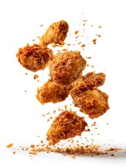 Crispy Fried Chicken Pieces Falling with Crumbs Against White Background