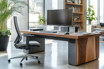 A modern office desk featuring computer and a rolling chair
