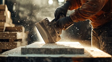 Mason cutting stone blocks with an industrial saw. Featuring skill and craftsmanship