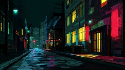 Obraz premium Night City Street with Neon Lights and Wet Pavement Reflection