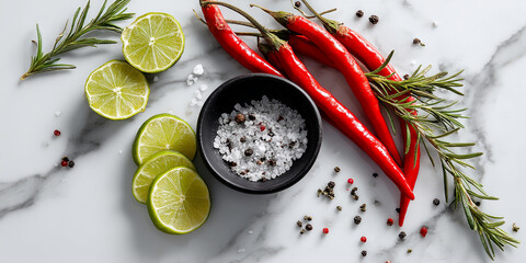 Overhead shot of red chili peppers, lime wedges, rosemary sprig, and a bowl of mixed peppercorns and salt on a marble surface, showcasing fresh ingredients for cooking or culinary concepts