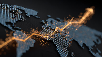 Stylized world map with glowing lines, depicting global connection and growth, showcasing data visualization and network concept