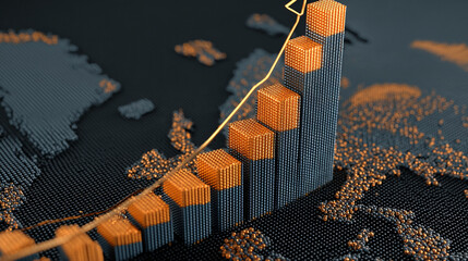 3D rendering of an upward trending bar graph, constructed from dark and gold beads, situated atop a textured world map, symbolizing global growth and financial success