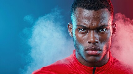 Obraz premium Intense athlete portrait with vibrant blue and red background, showcasing determination and strength.