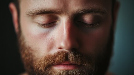 Obraz premium Close-up portrait of a man with his eyes closed, showcasing his beard and facial features.