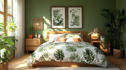 Serene Tropical Bedroom Design:  Sunlight Illuminates a Tranquil Oasis with Lush Greenery and Botanical Bedding