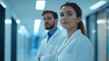 Two confident medical professionals in white coats, embodying expertise and trust in healthcare.
