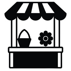 Black And White Market Stall Graphic With Basket And Flower Icon.