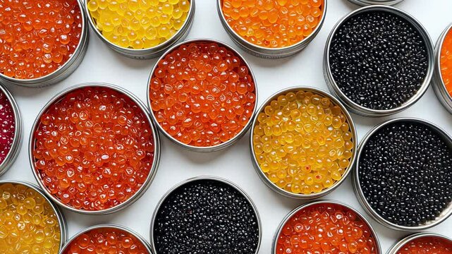 Assorted colored caviar in tins displayed in a vibrant patterned arrangement