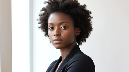 Confident young businesswoman in a modern office, embodying professionalism and focus.

