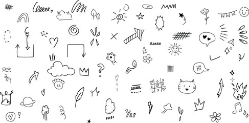 Line hand drawn elements. Doodle scribble. Sketch outline shapes, signs, effects. Simple handwriting objects.