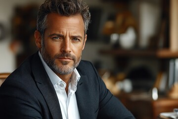 Obraz premium Mature man in a suit, eyes locked, graying hair. Confident and composed