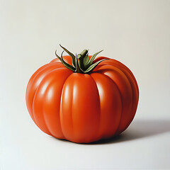 A perfectly round, ripe tomato with vibrant red skin, isolated white background