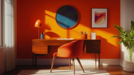 Fototapeta premium A stylish desk and chair in a room with orange walls