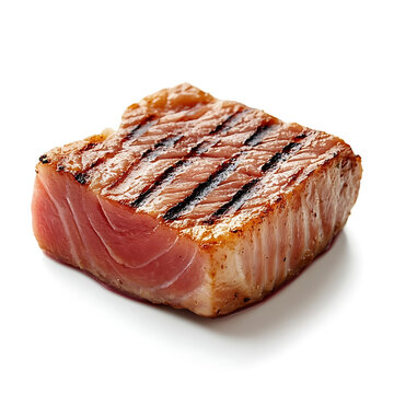 A perfectly seared piece of tuna steak with a rare center and grill marks, isolated white background, hyperrealism art style
