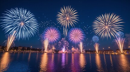 Fototapeta premium A bright nighttime fireworks display over the water in a festive and dazzling style, symbolizing the celebration of the anniversary of the EU countries along the urban coastline.