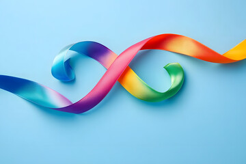 Autism acceptance month, Autism awareness day concept. Rainbow colors ribbons in shape of infinity loop on blue background. Infinity is symbol of autism disorder, adhd, neurodiversity