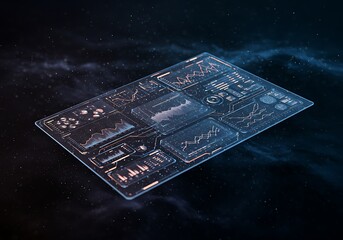 Futuristic Transparent Touchscreen Interface Displaying Data Charts and Information