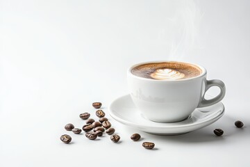 Fototapeta premium Coffee cup with beans on white background 