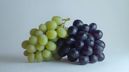 A bunch of green grapes and a bunch of black grapes sit side-by-side on a white background.  The contrast in color is striking, showcasing the freshness of the fruit.