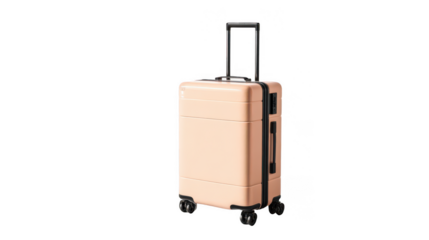 A peach-colored plastic suitcase on wheels stands against a white background, png