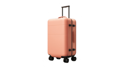A peach-colored plastic suitcase on wheels stands against a white background, png