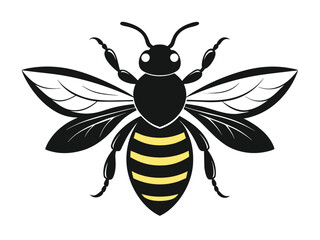 Cute yellow cartoon bee, a flying insect and animal, with black stripes and wings, isolated with a flower in a vector illustration