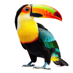 Keel-billed toucan with vibrant yellow, orange, green, and blue colors against a pure white background