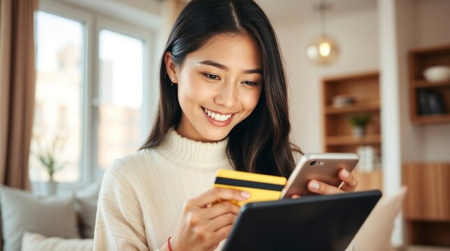 Beautiful young Asian woman using smartphone and credit card for online shopping at home - Powered by Adobe