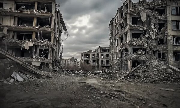 Abandoned city street in ruins, surrounded by decaying skyscrapers and debris under a gloomy sky, captured in a dolly shot.