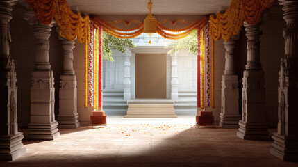 Temple entrance with garlands and toran, empty inner space for text