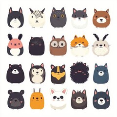 Cute cartoon animal faces. Collection of various adorable animal portraits.  Each animal head is in a simple, rounded style with expressive features