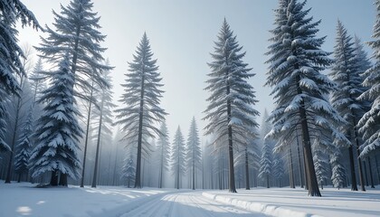 Naklejka premium Serene Winter Forest Snow-Covered Pines and a Tranquil Path