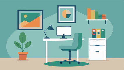 A small home office with a white desk ergonomic chair and a single piece of abstract artwork on the wall.