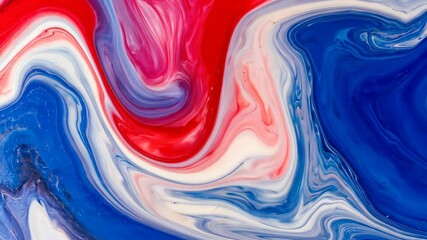 Dynamic abstract fluid art featuring swirling red, white and blue paint creating mesmerizing marble patterns on smooth surface.