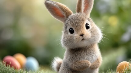 Fototapeta premium Adorable bunny amidst colorful Easter eggs (1)