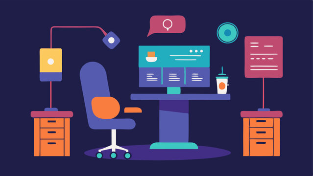 Inclusive Editing Suite An editing room featuring an ergonomically designed chair a voiceactivated editing software interface and large comfortable spaces for group discussions.
