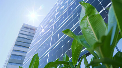 a modern sustainable business office with solar panels on its glass facade, radiant natural morning sunlight streaming through large windows, eco-friendly workspace with lush indoor plants